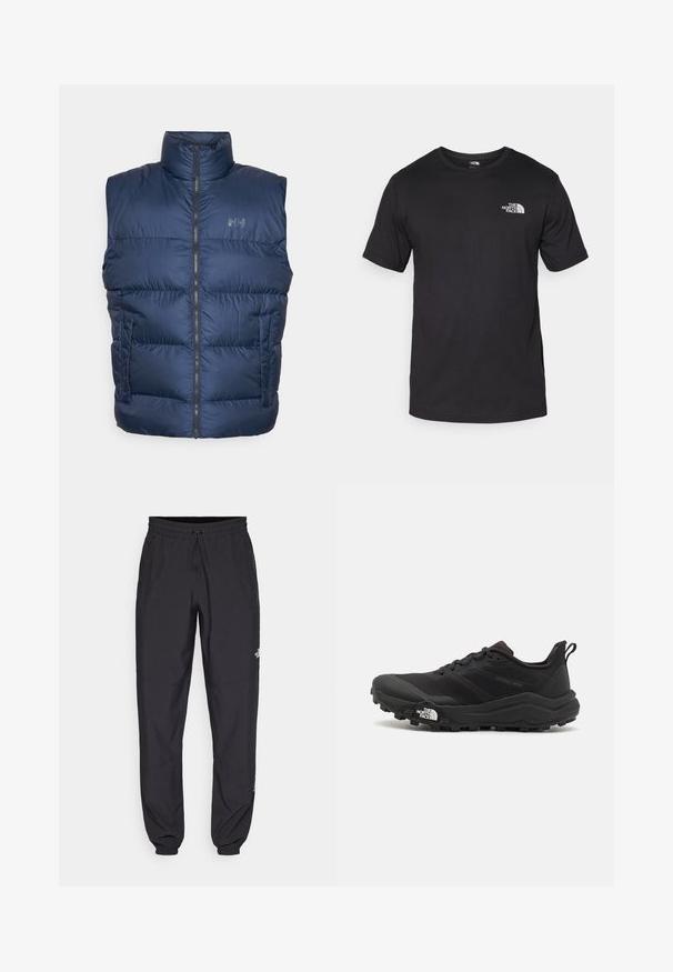 Helly Hansen ACTIVE PUFFY - Strukirani kaput - dunkelblau; Crna majica kratkih rukava od pamuka, s okruglim izrezom i malim bijelim logotipom na gornjem lijevom dijelu prsnog koša.; Crne sportske hlače od lagane tkanine, s pojasom na vezanje, bočnim džepovima i suženim manžetama na gležnjevima.; Crne trail trkačke cipele s teksturiranim gornjim dijelom, gumeni potplat i ojačana zaštita za prste. Imaju podstavljen ovratnik i trakicu za lakše obuvanje.