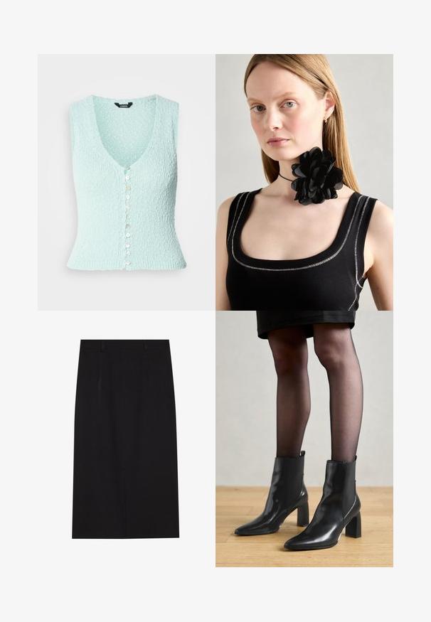 Hele sinine kootud vest, ilma varrukateta, sügava V-kaelusega, esiosas läikivate nööpide reas ja sobiva disainiga.; Mustvalgitud must kootud kampsun, millel on V-kaelus ja pikad varrukad. Omab vabalt langetatud lõiget ning väikest metallist logo aktsenti vasakus allnurgas.; Musthave musta kuni põlveni ulatuv pliiatsseelik, mis on valmistatud siledast kangast. Omab puhtat disaini, kus on kaks esiosa õmblust ja varjatud tõmblukk taga.; Mustad mustad jalanõud terava ninaga, paksu ruudukujulise kontsaga ja saleda disainiga. Omavad elastseid külgpaneele mugavaks selga tõmbamiseks.; Must musta kaelakee, mis on valmistatud kihilistest kroonlehtedest, kanda musta ribaga tank-topiga, millel on hõbedased aktsendid krae ja õlgade ääres.