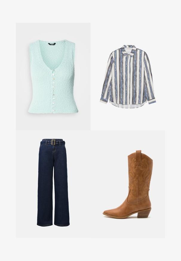 Light blue knitted vest, sleeveless with a deep V-neck, featuring a row of shiny buttons down the front and a fitted design.; Button-up shirt featuring vertical stripes in shades of blue, black, and white. Made of smooth fabric with a classic collar and button closure.; Dark blue wide-leg denim pants with stitched pockets and a matching belt featuring a large rectangular gold buckle.; Tan leather cowboy boot with pointed toe, embroidered swirl patterns on shaft, and a stacked block heel. Features a pull tab for easy wear.