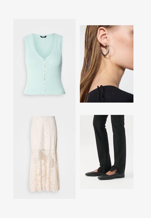 Light blue knitted vest, sleeveless with a deep V-neck, featuring a row of shiny buttons down the front and a fitted design.; Black tank top made from soft, stretchy fabric. Features a round neckline and wide shoulder straps, with a fitted silhouette and smooth texture.; Floral lace midi skirt in cream; features layered design with sheer sections, textured lace, and a flared hem.; Black leather ballet flats with a pointed toe, strap with silver buckle, paired with black tailored pants featuring a slit hem.; Silver hoop earring with a polished finish, featuring small gold accent details and a round shape, worn on the lobe.
