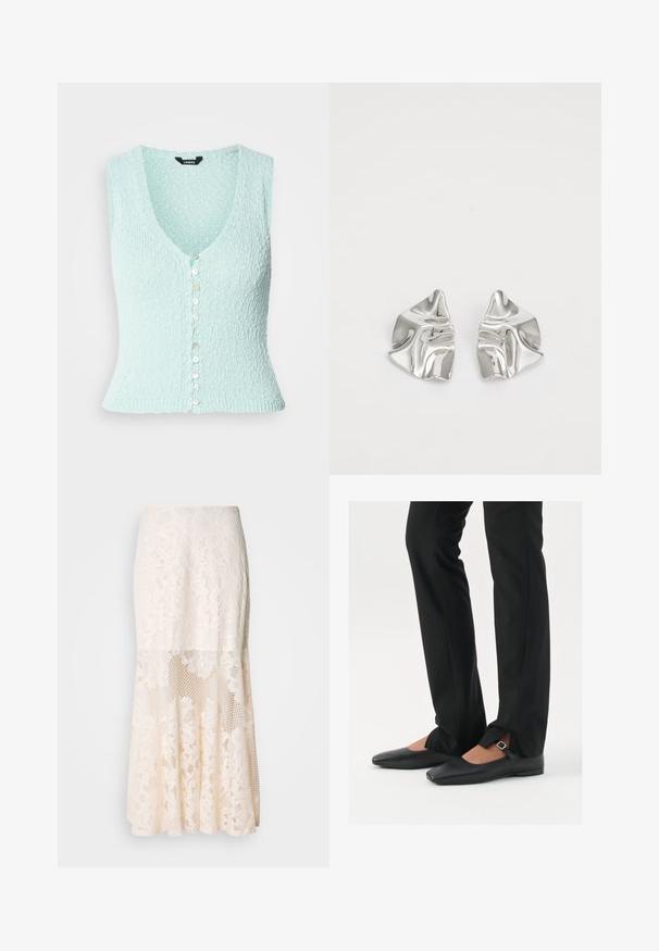 Lysblå strikket vest, ærmeløs med dyb V-udskæring, forsynet med en række blanke knapper foran og en tætsiddende pasform.; Sort tanktop lavet af blødt, strækbart materiale. Har en rund halsudskæring og brede stropper, med en tætsiddende silhuet og glat tekstur.; Blomsterdenim midi-skirt i crème; har et lagdelt design med gennemsigtige sektioner, struktureret blonder og en udfladning. ; Sorte læder balletflade sko med spids tå, rem med sølvspænde, parret med sorte skræddersyede bukser med slids i bunden.; Sølvmetal øreringe med et bølgende, skulpturelt design, der har en poleret overflade og uregelmæssige former, hvilket fremhæver en moderne æstetik.