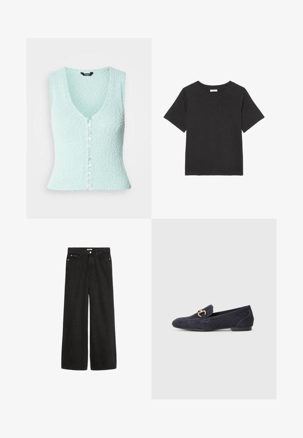 Hellblauer gestrickter ärmelloser Pullover mit tiefem V-Ausschnitt, der eine Reihe von glänzenden Knöpfen an der Vorderseite und ein figurschmeichelndes Design aufweist.; Schwarzes T-Shirt aus weichem Stoff, mit Rundhalsausschnitt und kurzen Ärmeln. Das Design ist schlicht, ohne sichtbare Muster oder Akzente.; Schwarz denim Weitbein-Hose mit hoher Taille. Verfügt über fünf Taschen, Metallbeschläge und eine saubere Verarbeitung. Die Textur ist glatt und weich.; Marineblaues Wildleder-Mokassin mit runder Zehenform, ausgestattet mit einem dekorativen Metallkettenakzent und einem niedrigen Absatz mit kontrastierenden Nähten.