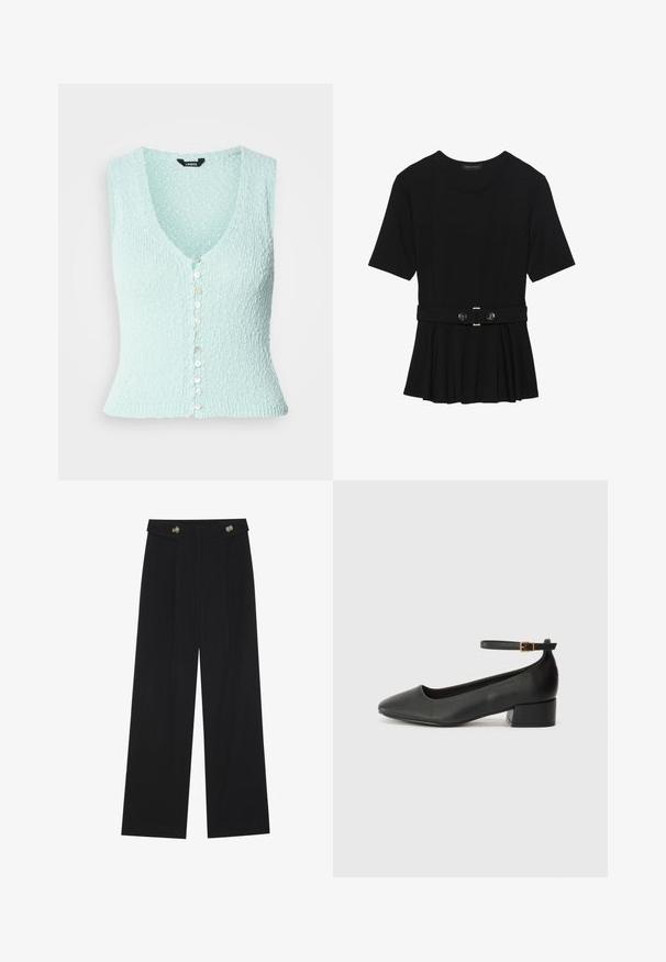 Lysblå strikket vest, ærmeløs med dyb V-udskæring, forsynet med en række blanke knapper foran og en tætsiddende pasform.; Sort kortærmet top lavet af glat materiale, med en peplum-design og en bælte i taljen med to runde, sølvfarvede knapper.; Sorte vide bukser med høj talje, knapdetaljer på taljebåndet og frontfald.; Sorte læderpumper med spids tå og en lav blokhæl. Har en ankelrem med en guldfarvet spænde. Glat tekstur.