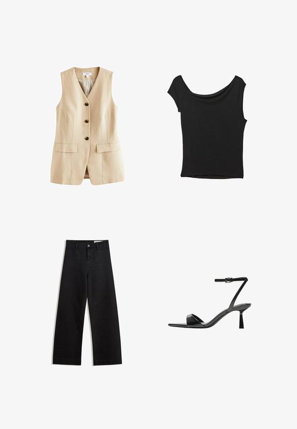 Gilet beige à rayures avec décolleté en V, cinq boutons noirs et deux poches avant. Fabriqué dans un matériau lisse avec une coupe soignée.; Haut noir à manches courtes en tissu lisse ; il présente un col drapé et un ourlet asymétrique, avec un corps ajusté.; Pantalon en denim noir à jambes larges avec une taille haute, comprenant des poches avant et arrière, des coutures piquées et une fermeture à bouton. Texture lisse.; Bershka Sandales à talons hauts - black