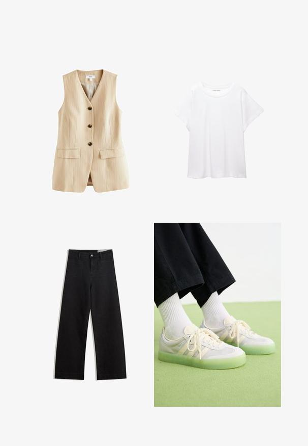 Béžový vestón s prúžkovaným vzorom, s výstrihom do V, piatimi čiernymi gombíkmi a dvoma prednými vreckami. Vyrobený z hladkého materiálu s priliehavým strihom.; Biele tričko vyrobené z mäkkého, ľahkého materiálu. Má okrúhly výstrih a krátke, široké rukávy s uvoľneným strihom. Bez viditeľných vzorov.; Čierne denimové nohavice s širokými nohavicami a vysokým pásom, so prednými a zadnými vreckami, šitými švami a zapínaním na gombík. Hladká textúra.; Svetlé tenisky s vrchom z zamatu a sieťoviny, so zložením troch bočných pruhov, plochými šnúrkami a priehľadnou zelenou gumovou podrážkou.