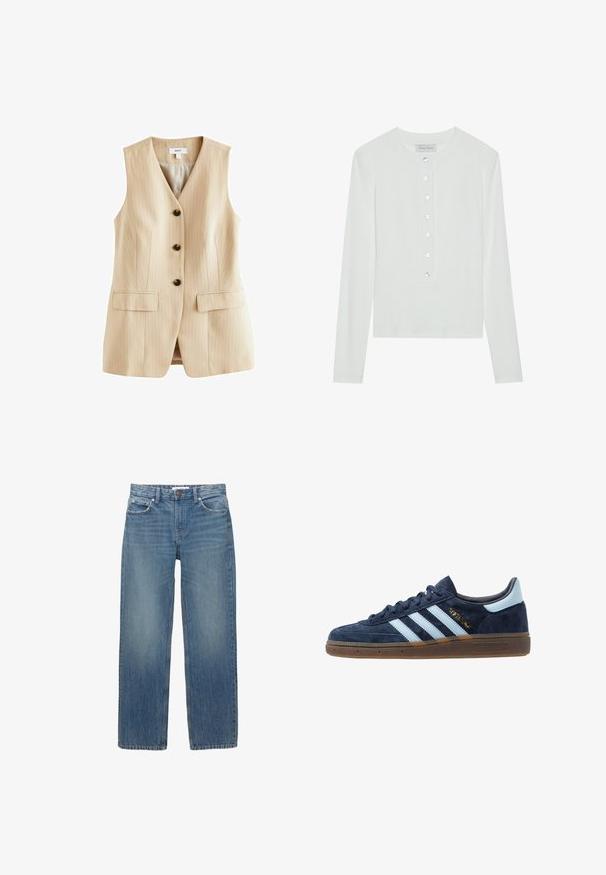 Béžový vestón s prúžkovaným vzorom, s výstrihom do V, piatimi čiernymi gombíkmi a dvoma prednými vreckami. Vyrobený z hladkého materiálu s priliehavým strihom.; Biele tričko s dlhým rukávom vyrobené z rebrovanej tkaniny, s okrúhlym výstrihom a gombíkovou légiou so šiestimi priehľadnými gombíkmi.; Svetlomodré džínsy s rovnými nohavicami, piatimi vreckami a kovovými detailami v medenej farbe. Materiál má jemné blednutie a hladkú textúru.; Námornícky modré semišové tenisky Adidas s svetlomodrými pruhmi, gumenou podrážkou, svetlomodrou pätou a zlatým označením "Spezial" po boku.