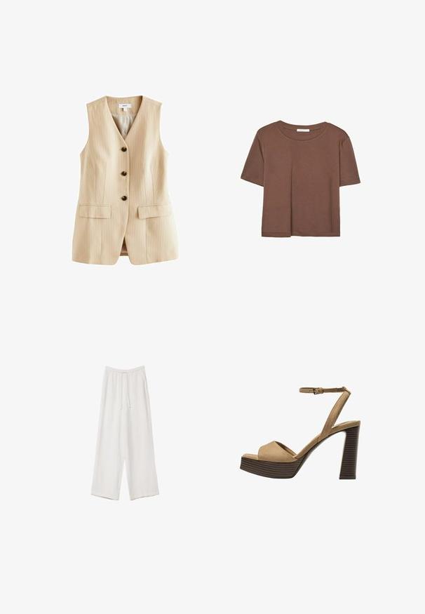 Béžový vestón s prúžkovaným vzorom, s výstrihom do V, piatimi čiernymi gombíkmi a dvoma prednými vreckami. Vyrobený z hladkého materiálu s priliehavým strihom.; Hnedé tričko s krátkym rukávom vyrobené z jemného materiálu, s okrúhlym výstrihom a voľným strihom. Žiadne viditeľné vzory ani akcenty.; Biele široké nohavice vyrobené z ľahkej tkaniny. Obsahujú elastický pás so sťahovacou šnúrkou a bočné vrecká. Hladká textúra.; Bežové semišové sandále na vysokom opätku s širokým predným pásom a pásikom okolo členka, ktoré majú masívny drevený blokový opätok s textúrovaným povrchom.