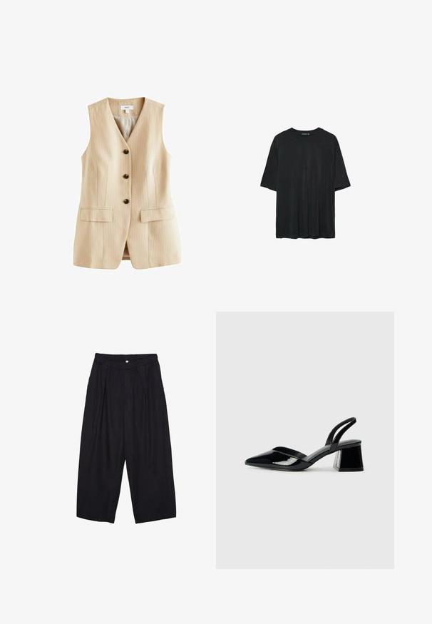 Beżowa kamizelka w prążki z dekoltem w kształcie litery V, pięcioma czarnymi guzikami i dwoma przednimi kieszeniami. Wykonana z gładkiego materiału o dopasowanym kroju.; Czarny krótki rękaw t-shirt wykonany z miękkiego materiału, z okrągłym dekoltem i luźnym krojem, bez widocznych wzorów lub akcentów.; Czarne spodnie culotte z poliestru z elastycznym pasem, dwoma fałdami z przodu i luźnym krojem. Brak widocznych wzorów lub elementów metalowych.; Czarne lakierowane półbuty na obcasie z wydłużonym noskiem i geometrycznym słupkiem. Charakteryzują się eleganckim, minimalistycznym designem oraz gładką fakturą.