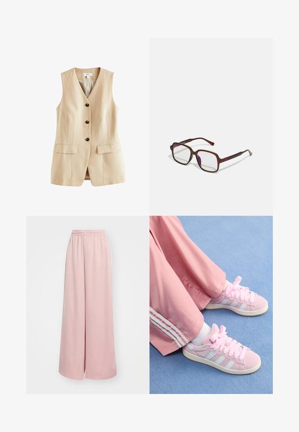Gilet beige a righe con scollatura a V, cinque bottoni neri e due tasche frontali. Realizzato in un materiale liscio con un design sartoriale.; T-shirt a maniche lunghe e scollo rotondo in cotone marrone scuro. Tessuto liscio con orlo dritto e spacchetti laterali nella parte inferiore.; Pantaloni ampi rosa chiaro con vita elastica. Tessuto morbido con tasche laterali e un leggero logo sulla gamba sinistra.; Scarpe da ginnastica rosa con strisce azzurro chiaro, punta tonda e spesse lacci rosa, abbinate a pantaloni da jogging rosa con strisce bianche ai lati.; Occhiali rettangolari marroni con lenti trasparenti e tonalità viola. Montatura in plastica liscia con stanghette dritte e accenti sottili.; Borsa a mano in pelle verniciata gialla con forma arrotondata, manico singolo superiore e una placca logo argentata. Presenta una chiusura con zip e una texture liscia.