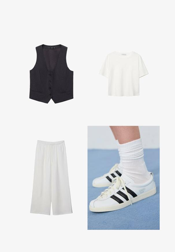 Tmavosivý prúžkovaný vestový kabát s V-výstrihom, šiestimi prednými gombíkmi a dvoma bočnými vreckami. Vyrobený z hladkej látky s priliehavým strihom.; Biela krátkopsová tričko vyrobené z bavlny. Má okrúhly výstrih a voľný strih. Hladká textúra bez viditeľných vzorov alebo akcentov.; Biele široké nohavice z ľahkého materiálu s elastickým pásom a šnúrkou na nastavenie veľkosti. Hladká textúra.; Biele kožené tenisky s čiernymi pruhmi, krémovou podrážkou a svetlými šnúrkami. Nosené s bielymi rebrovanými ponožkami, umiestnené na modrom pozadí.