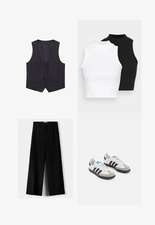 Ciemnoszary kamizelka w prążki z dekoltem w kształcie litery V, sześcioma guzikami z przodu i dwiema kieszeniami po bokach. Wykonana z gładkiego materiału o dopasowanym kroju.; Dwa bezrękawnikowe golfy w kolorze czarnym i białym, charakteryzujące się dopasowanym fasonem i gładką teksturą, o skróconej długości.; Czarne spodnie szerokie, wykonane z lekkiego materiału, z zapięciem na guzik z przodu i gładkim przodem, z starannie wykończonymi brzegami.; Buty sportowe z białą skórzaną cholewką, szarym zamszowym noskiem i trzema czarnymi paskami. Posiadają niebieskie logo na języku oraz teksturowaną gumową podeszwę.