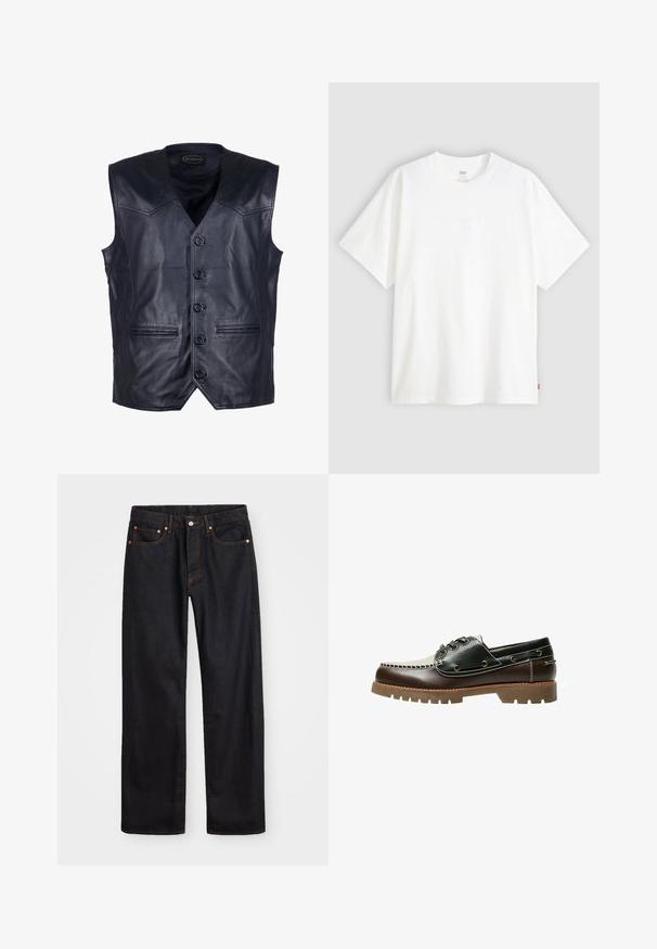 Schwarze Lederweste mit V-Ausschnitt, sechs Knöpfen an der Vorderseite, zwei vorderen Taschen und einer glatten, glänzenden Oberfläche.; Weißes T-Shirt mit kurzen Ärmeln aus Baumwolle und rundem Halsausschnitt. Besitzt ein dezentes, geprägtes Logo-Detail auf der Vorderseite und ein rotes Etikett am Saum.; Herren gerade geschnittene schwarze Jeans aus Denim mit fünf Taschen und orangefarbenen Nähten, Knopf- und Reißverschluss vorne am Bund.; Braun-schwarzes Leder-Bootsschuh mit Schnürung, kontrastierenden Nähten und einer strukturierten Gummisohle. Verfügt über Metallösen und eine abgerundete Zehenpartie.