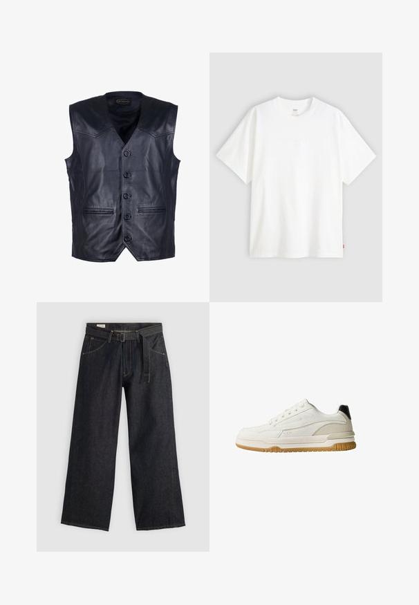 Czarna skórzana kamizelka z dekoltem w kształcie litery V, sześcioma guzikami z przodu, dwoma kieszeniami z przodu oraz gładkim, błyszczącym wykończeniem.; Biała koszulka z krótkim rękawem wykonana z bawełny, z okrągłym dekoltem. Posiada subtelny wytłoczony logo z przodu oraz czerwoną metkę na dolnym brzegu.; Ciemnoniebieskie spodnie o szerokich nogawkach z paskiem w talii, z kieszeniami z przodu i kontrastowym przeszyciem. Gładka tekstura z minimalistycznym wzornictwem.; Biały tenisówka z gładką skórzaną cholewką, gumową podeszwą i kontrastującym czarnym akcentem na pięcie. Charakteryzuje się tonalnym przeszyciem i perforacjami.