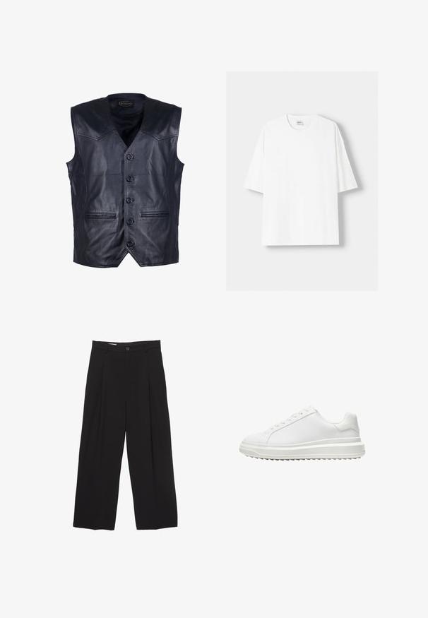 Mustasta nahkaliivistä, jossa on V-pääntie, kuusi nappia edessä, kaksi etutaskua ja sileä, kiiltävä pinta.; Valkoinen lyhythihainen t-paita, joka on valmistettu puuvillasta, ominaisuutenaan pyöreä pääntie ja rento istuvuus. Sileä pinta, ilman näkyviä kuvioita tai yksityiskohtia.; Mustat väljät housut, jotka on valmistettu sileästä kankaasta ja joissa on litteä vyötärö, etupleaatit ja yksi nappisulku.; Valkoiset kengät, joissa on sileä synteettinen päällinen, pyöreä kärki, litteät nauhat, kuvioitu pohja ja kerroksellinen, platform-mallinen muotoilu lisäkorotusta varten.