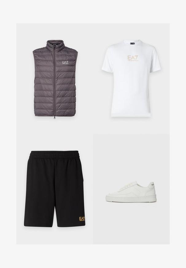 EA7 Emporio Armani TRAIN CORE LIGHT VEST - Waistcoat - volcanic glass; White cotton t-shirt featuring a round neckline and short sleeves, with a gold EA7 Emporio Armani logo printed on the front.; Black athletic shorts made of soft fabric,Featuring an elastic waistband and a small yellow EA7 logo on the lower left leg.; White leather sneaker with a smooth finish, round toe, flat laces, and a textured sole. Features a subtle logo on the heel.