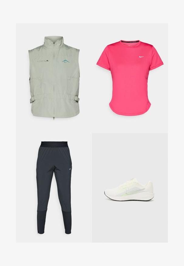 Nike Performance TRAIL REPEL VEST - Liivi - jade horizon/bicoastal; Vaatekappale on vaaleanpunainen lyhythihainen urheilupaita, joka on valmistettu sileästä ja kevyestä kankaasta. Paidassa on pieni valkoinen Nike-logo rinnassa ja hillitty kaareva helma.; Nike urheiluhaalareita tummanharmaana, joissa on kapeneva lahjesuunnittelu, joustava vyötärö ja korostedetaileja lahkeiden läheisyydessä.; Nike Performance DOWNSHIFTER 13 - Katujuoksukengät - sail/silver-coloured photon dust/summit white/barely volt/black