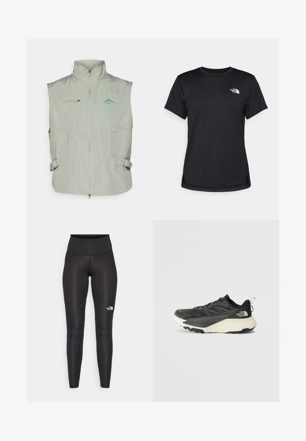 Nike Performance TRAIL REPEL VEST - Vest - jade horizon/bicoastal; The North Face FLEX SHORT SLEEVES TEE - Spordi T-särk - black; Kõrge vöökohtadega mustad retuusid, millel on sile ja veniv tekstuur. Alumisel jalal on väike valge logo. Mõeldud sportlikuks kandmiseks.; Musty mustusjalats musta pealisega, millel on tekstuur, hallid aktsendid ja valge vaheosa. Sisaldab tõmbeosa ning silmapaistvat brändi logo kandadel.