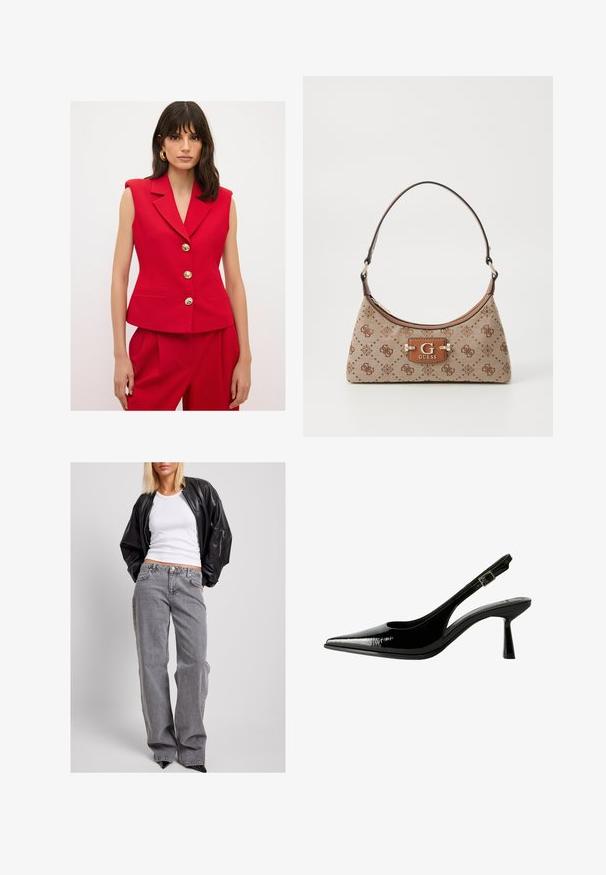 adL PEPLUM - Smanicato - red; Top bianco a maniche lunghe con scollo a barco. Realizzato in materiale morbido, presenta maniche a campana e un orlo dritto, offrendo un design semplice e versatile.; Giacca bomber nera in pelle, canotta bianca a costine e jeans in denim grigio a vita alta con vestibilità morbida, cuciture sottili e tasche a contrasto.; Pumps slingback in vernice nera con punta affilata, lati sagomati, cinturino alla caviglia regolabile e tacco sottile e slanciato.; Borsa a tote in tessuto beige con dettagli a motivo marrone. Presenta una forma curva, una tracolla singola e una placca con logo nella parte anteriore con finiture in metallo argentato.