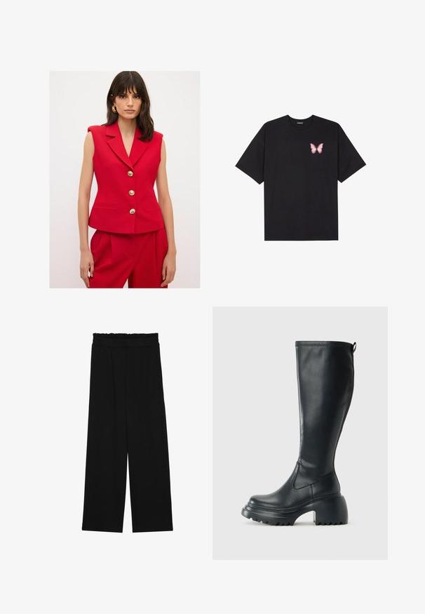 adL PEPLUM - Weste - red; Schwarzes Baumwoll-T-Shirt mit kurzen Ärmeln, das ein kleines pinkes Schmetterlingsmotiv auf der linken Brust zeigt. Crewneck-Design mit einem entspannten Schnitt.; Schwarze weit geschnittene Hose mit einem gerüschten Bund, ausgestattet mit zwei Seitentaschen und einem glatten, leichten Stoff. Keine sichtbaren Muster oder Beschläge.; Hoher schwarzer Lederstiefel mit einer robusten Plateausohle und Blockabsatz, der über eine Zuglasche und ein strukturiertes Profil an der Außensohle verfügt.