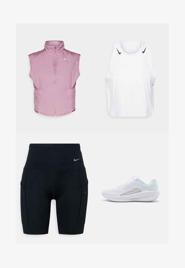 Nike Performance SWIFT VEST - Brezrokavnik - plum dust; Bela brezrokavnik iz lahkega materiala, s črnimi Nike logotipnimi poudarki na ramenih, okroglo ovratnico in sproščenim krojem.; Črne visoke športne kratke hlače iz raztegljivega materiala; imajo stranske žepe in majhen Nike logotip na pasu.; Bela športna čevlja z mrežastim zgornjim delom, zaobljenim nosom in teksturiranim podplatom. Ima srebrni Nike znak in minimalističen dizajn.