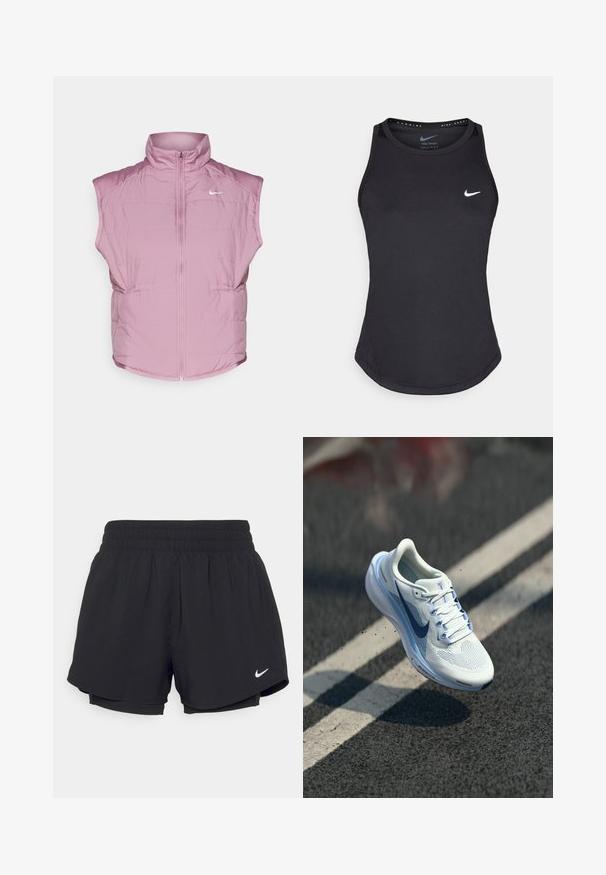 Nike Performance SWIFT VEST - Vesta - plum dust; Čierny športový top bez rukávov vyrobený z materiálu odvádzajúceho vlhkosť. Má okrúhly výstrih, priliehavý strih a biele logo Nike na hrudi.; Čierne športové šortky s elastickým pásom, vnútornou podšívkou a bielym logom Nike na dolnej ľavej strane. Hladká, ľahká tkanina.; Biele atletické topánky s priedušným sieťovým zvrškom a modrými akcentmi. Vlastnosti zahŕňajú polstrovanú podrážku a ploché šnúrky. Stredná podrážka zobrazuje značku "Air Zoom".