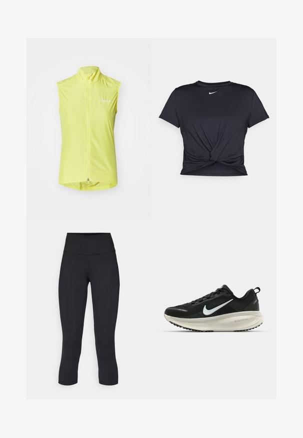 Gilet da ciclismo senza maniche di un brillante colore giallo, realizzato in tessuto leggero con cerniera frontale, dotato di un colletto alto e di un logo sul petto.; Maglietta atletica nera realizzata in tessuto liscio, con un design anteriore annodato e un piccolo logo Nike bianco sul petto.; Leggings cropped neri realizzati in tessuto elasticizzato, con vita alta e texture liscia, senza motivi o componenti visibili.; Scarpa da corsa nera Nike con tomaia in rete traspirante, logo Swoosh bianco, dettagli testurizzati e intersuola ZoomX di colore crema.