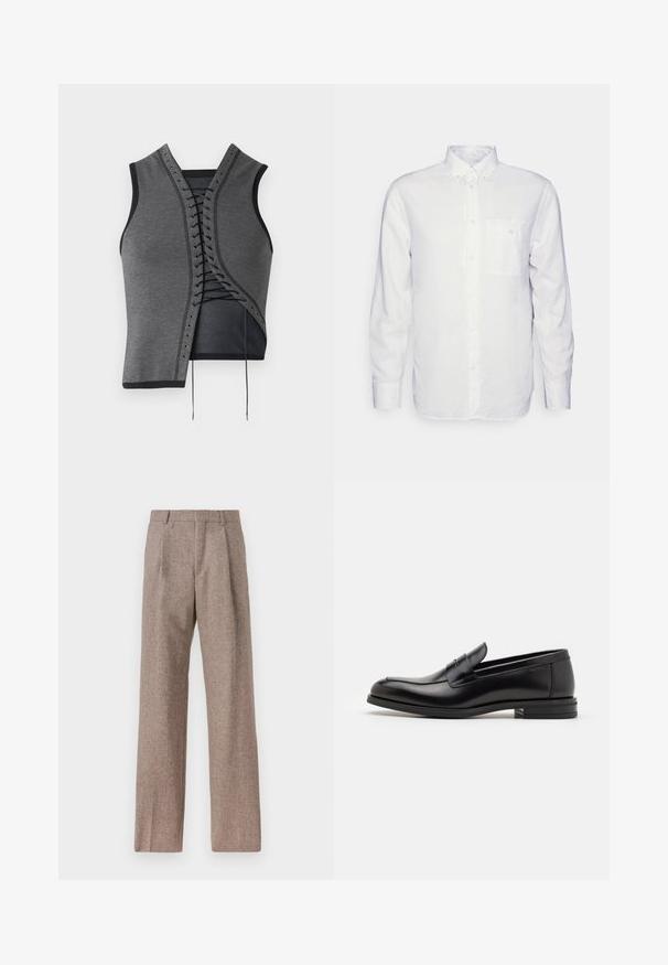 Pilkas be rankovių viršus su nėriniuotu priekiu ir juodais akcentais bei skylutėmis, tekstūruotas audinys ir asimetriška kirpimo linija.; Ilga rankovė balta marškiniai pagaminti iš medvilnės, su mygtukų užsegimu, priekinę kišenę ir įprastą siluetą. Tekstūruota medžiaga su lygiu paviršiumi.; Rudos, aukšto liemens kelnes, pagamintas iš tekstūruotos medžiagos. Plati kojos, dvi priekinės klostės struktūrai. Tvarkingas apdailos darbai, be matomų detalių.; Juodos odinės loafers, turinčios lygų paviršių, apvalią noselę ir dekoratyvinę juostą per priekinę dalį. Žemas krentantis kulnas, minimalistinis dizainas.