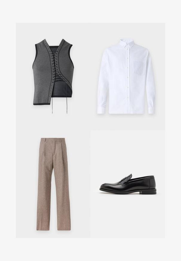 Pelēks bez piedurknēm tops ar mežģīņu priekšpusi, melniem akcentiem un acu caurumiem, teksturēta auduma, un asimetrisku griezumu.; Balts garo piedurknēm krekliņš ar pogām, izgatavots no kokvilnas, ar krūšu kabatu ar tonālu izšuvumu, apkakli un pogām pie piedurknēm.; Brūni, augstos šortos izgatavoti no teksturēta auduma. Iezīmē plašas kājas un divas priekšējās krokas, kas nodrošina struktūru. Kārtīga apdare bez redzamām detaļām.; Melnas ādas kurpes ar gludu tekstūru, noapaļu purngalu un dekoratīvu siksniņu pāri priekšpusei. Zems sakrauts papēdis, minimālisma dizains.