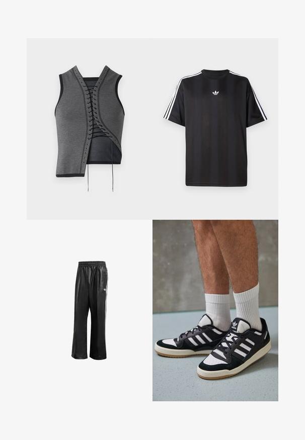 Szürke ujjatlan felső, fűzős elejű dizájnnal, fekete részletekkel és lyukakkal, texturált anyagból és aszimmetrikus szabással.; Fekete, rövid ujjú póló fehér háromcsíkos díszítéssel a vállakon és egy kis fehér logóval a mellkasán. Simább anyag textúra.; Fekete szintetikus tréningnadrág elasztikus derékkal, fehér oldalcsíkokkal és egy kis fehér logóval a bal csípőn.; Fekete-fehér tornacipők velúr és bőr felsőrésszel, három fehér csíkkal, perforált orral és gumi talppal.