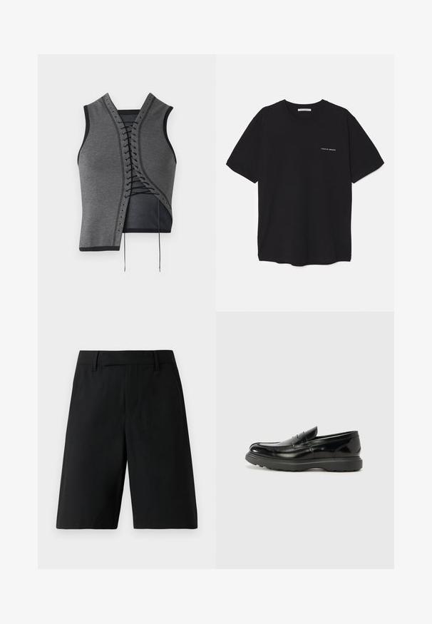 Šedý bezrukávový top s vlečkou vpředu, černými akcenty a očka, texturovaná látka a asymetrický střih.; Černé bavlněné tričko s kulatým výstřihem, krátkými rukávy a bílým logem potisknutým na levé straně hrudi. Jednoduchý, jednobarevný design.; Černé šortky na kolena, upravené, s poutky na opasek, plochým předním dílem a bočními kapsami na jednobarevném světlém pozadí.; Černé kožené mokasíny s lesklým povrchem, kulatou špičkou, nenápadnými švy a silnou gumovou podrážkou pro odolnost.