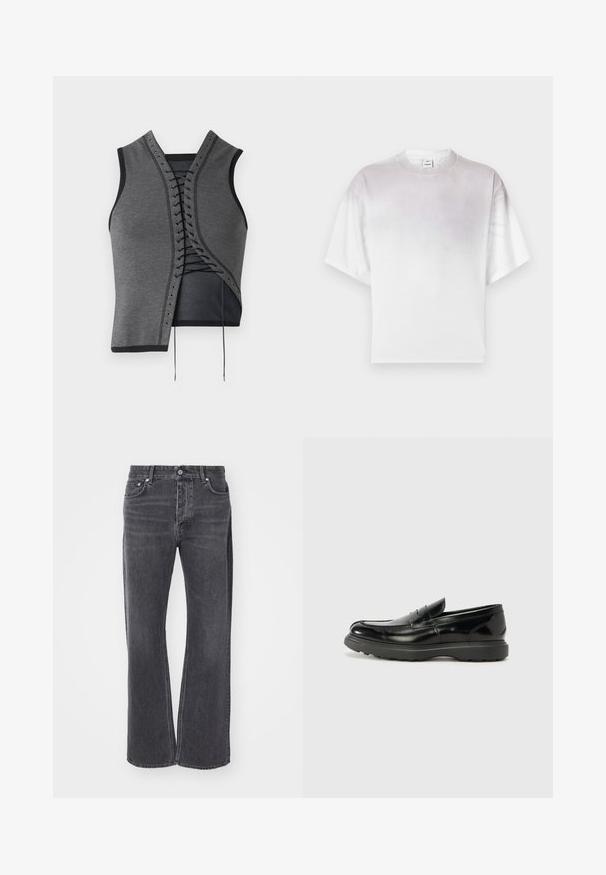 Top cinza sem mangas com um design frontal rendado, detalhes em preto e ilhós, tecido texturizado e corte assimétrico.; Camiseta de algodão branca com mangas curtas e decote arredondado. Apresenta um efeito ombré que transita do cinza claro para o branco.; Jeans pretos de cintura alta com um design largo e solto. Feitos de denim, apresentam um desbotado subtil e bolsos frontais e traseiros.; Mocassim de couro preto com acabamento brilhante, bico arredondado, detalhes de costura subtil e sola de borracha espessa para durabilidade.