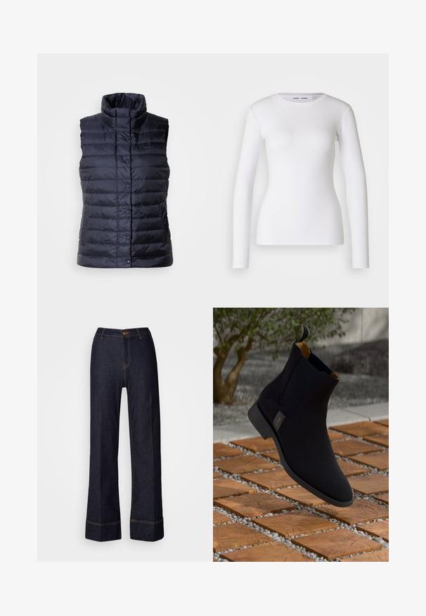Gepolsterte, ärmellose Weste in Dunkelblau, mit hohem Kragen, Druckknöpfen und geribbeltem Textil mit vertikalen Steppnähten.; Weißes Langarmhemd aus geripptem Stoff mit Rundhalsausschnitt und taillierter Form. Keine Muster oder Akzente sind vorhanden.; Dunkelblaue weit geschnittene Jeans mit hoher Taille, die einen vorderen Knopfverschluss und orangefarbene Nähte aufweisen. Gesamte glatte Textur.; Schwarze Leder-Chelsea-Boots mit glatter Textur, gelber Innenausstattung und schwarzer Sohle, ausgestattet mit einer Schlaufe zum einfachen Anziehen.