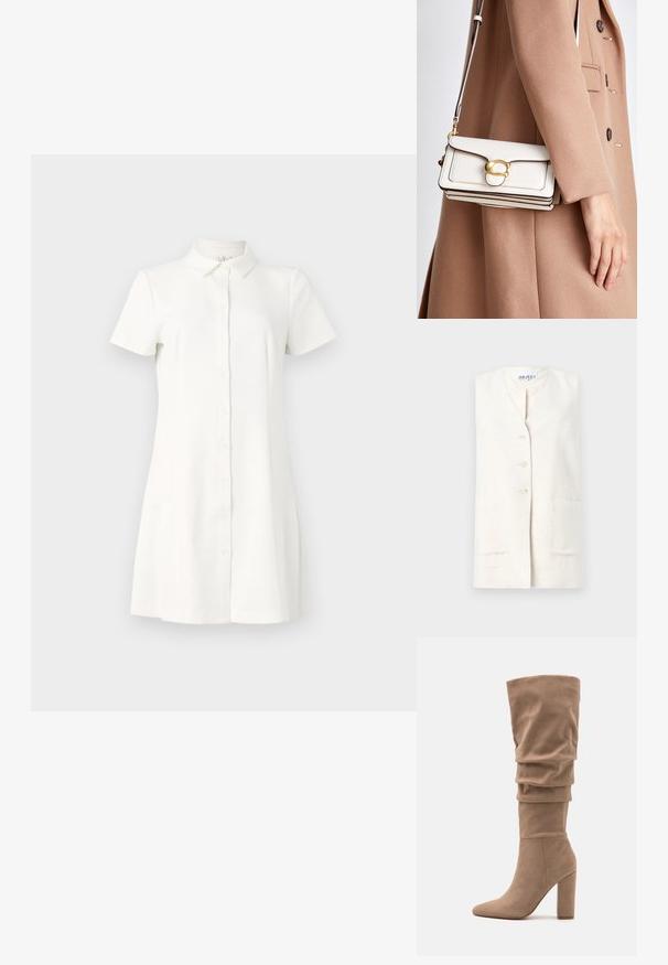 Λινό γιλέκο σε κρεμ απόχρωση με λαιμόκοψη V, πέντε κουμπιά και δύο μπροστινές τσέπες. Υφασμα με υφή και φυσικό φινίρισμα.; Φόρεμα κοντομάνικο, με κουμπιά, σε λευκό ύφασμα. Διαθέτει κολάρο, φαρδιά μύτη και δύο πλαϊνές τσέπες. Λείο υφή με κλασικό σχέδιο.; Anna Field Μπότες - beige; Λευκή δερμάτινη τσάντα ώμου με χρυσό κούμπωμα, που διαθέτει δομημένο σχέδιο, αντίθετες άκρες και λεπτό ρυθμιζόμενο λουρί.