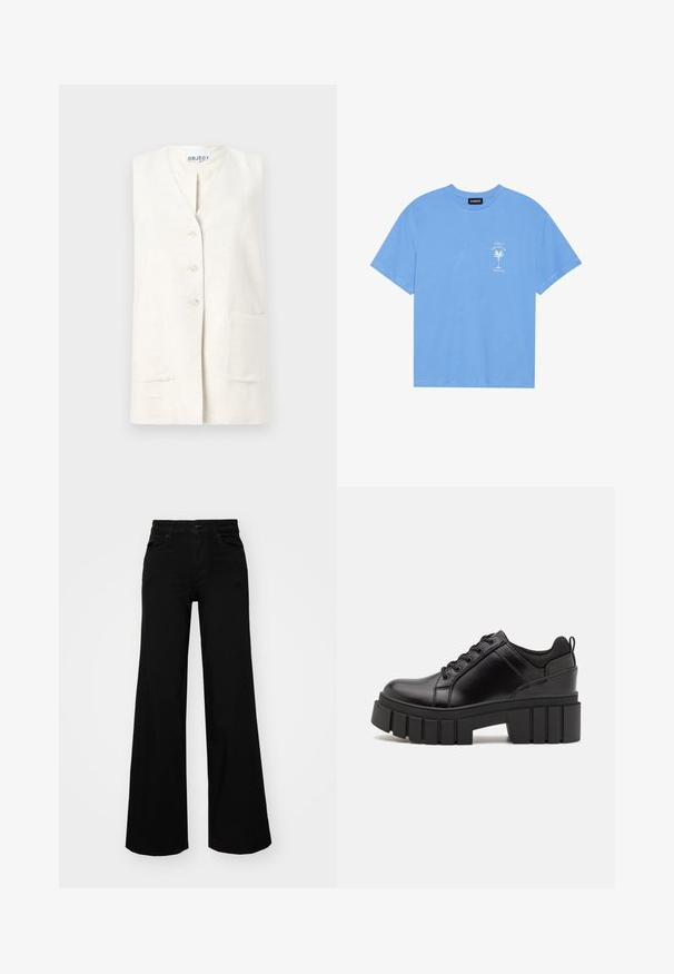 Λινό γιλέκο σε κρεμ απόχρωση με λαιμόκοψη V, πέντε κουμπιά και δύο μπροστινές τσέπες. Υφασμα με υφή και φυσικό φινίρισμα.; Απαλή μπλε βαμβακερή μπλούζα t-shirt με στρογγυλή λαιμόκοψη. Διαθέτει λευκό σχέδιο με φοίνικα και κείμενο στην αριστερή πλευρά του στήθους. Κοντά μανίκια.; Μαύρο παντελόνι με φαρδιά μπατζάκια από τζίν, με δομημένη μέση, θηλιές ζώνης και μπροστινές τσέπες. Λείος υφασμάτινος σχεδιασμός με κλασική εμφάνιση.; Μαύρα δερμάτινα παπούτσια πλατφόρμας με παχύ μπλοκ τακούνι, στρογγυλή μύτη και παραδοσιακό σχέδιο δέσιμο. Διαθέτουν λεία υφή και ελάχιστες λεπτομέρειες.