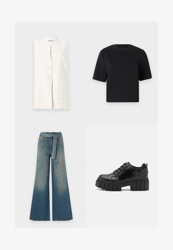 Lniany kamizelka w kolorze kremowym z dekoltem w serek, pięcioma guzikami z przodu oraz dwiema kieszeniami. Teksturowana tkanina z naturalnym wykończeniem.; Czarny t-shirt z krótkim rękawem, okrągły dekolt, wykonany z gładkiej bawełnianej tkaniny; luźny krój, minimalistyczny design, bez widocznych wzorów czy akcentów.; Szerokie spodnie dżinsowe z gradientem od jasnoniebieskiego do ciemnoniebieskiego, wysokim stanem, szlufkami na pasek oraz pasującym paskiem z tkaniny. Teksturowany wykończenie dżinsu.; Czarne skórzane buty na platformie z masywnym słupkowym obcasem, okrągłym noskiem i klasycznym sznurowaniem. Posiadają gładką teksturę i minimalne wykończenia.