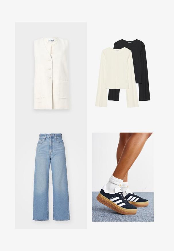 Linen vest in cream color with a v-neckline, five button closure, and two front pockets. Textured fabric with a natural finish.; Set of two long-sleeve tops in white and black. Ribbed texture, round neck, fitted design with slightly flared sleeves.; Light blue high-waist wide-leg jeans with front button and zip closure, front and back pockets, on a white background.; Black suede sneakers with white stripes and accents, rounded toe, gum rubber outsole, paired with white ribbed crew socks.