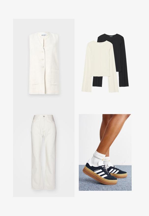 Chaleco de lino en color crema con escote en V, cierre de cinco botones y dos bolsillos frontales. Tejido texturizado con un acabado natural.; Conjunto de dos camisetas de manga larga en blanco y negro. Textura acanalada, cuello redondo, diseño ajustado con mangas ligeramente acampanadas.; Pantalones de mezclilla blanca con una alta cintura y un ajuste de pierna ancha. Presenta un cierre de botón y cremallera, presillas para cinturón y detalles de costura sutil.; Zapatillas deportivas de gamuza negra con rayas y detalles blancos, puntera redondeada, suela de goma color caramelo, combinadas con calcetines blancos acanalados a la altura del tobillo.
