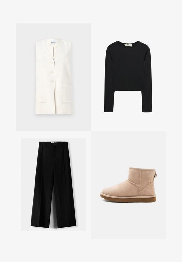 Leinenweste in Cremefarbe mit V-Ausschnitt, fünf Knöpfen und zwei frontalen Taschen. Strukturierter Stoff mit natürlichem Finish.; Schwarzes Langarm-Crop-Top aus leichtem Stoff, mit rundem Ausschnitt und taillierter Silhouette, sauberen Nähten und ohne Verzierungen.; Schwarze weite Hosen aus leichtem Stoff, mit einem Knopfverschluss vorne und flachem Bund, mit sorgfältig genähten Säumen.; Beige Wildleder-Ankle Boot mit runder Zehenform, gesteppten Akzenten und einer strukturierten braunen Gummisohle. Mit einem Zugband an der Rückseite.
