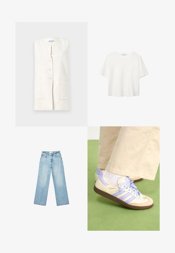 Linen vest in cream color with a v-neckline, five button closure, and two front pockets. Textured fabric with a natural finish.; White short-sleeve t-shirt made of cotton. Features a crew neckline and a relaxed fit. Smooth texture with no visible patterns or accents.; Light blue denim wide-leg jeans with a high waist, featuring a faded wash and small, scattered distressed details throughout.; Cream and lavender sneakers with three stripes and a textured brown sole, featuring laces and a padded heel. Soft fabric upper.