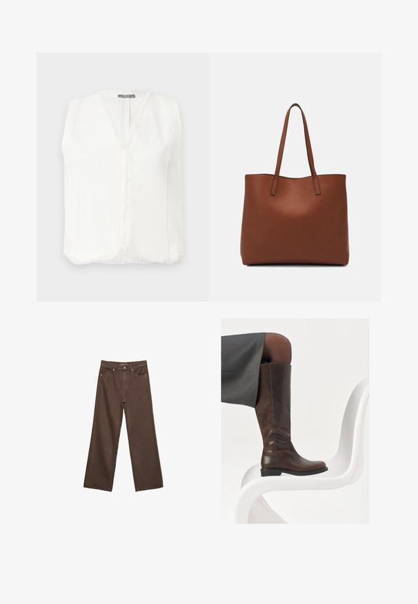 Biela bezrukávová blúzka s výstrihom do V, s strapcami pozdĺž okrajov a stredným zipsom na zapínanie. Hladká, ľahká látka.; Svetlo béžové tričko s krátkym rukávom a okrúhlym výstrihom, vyrobené z jemnej, hladkej tkaniny. Má voľný strih a rovný lem.; Džínsy s širokými nohavicami v hnedej farbe, vyrobené z denimu, so zvýšeným pásom, prednými vreckami a klasickým zapínaním na gombík. Hladká textúra s jemným prešívaním.; Hnedé kožené čižmy až po kolená sokrúhlym špičkou, hladkou textúrou a minimálnymi detalmi šitia, umiestnené na svetlom pozadí na bielej stoličke.; Hnedá kožená taška na rameno s hladkou textúrou, otvoreným vrchom a dvoma ramenými popruhmi. Má minimálne šitia a žiadne viditeľné kovania.