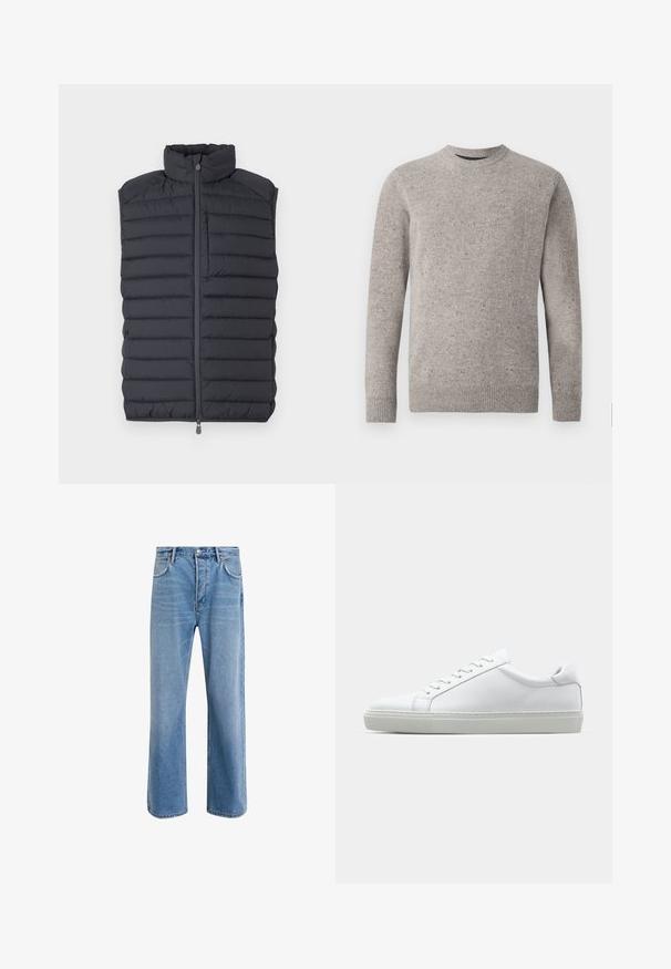 Gilet imbottito grigio scuro con colletto alto, design a righe orizzontali, zip frontale e una piccola tasca con zip sul petto.; Maglione a maglia grigio chiaro con scollatura rotonda, maniche lunghe e polsini e orlo a costine. Motivo testurizzato con macchie di colore.; Jeans in denim blu chiaro con design a gamba dritta, cinque tasche, chiusura con bottone, leggero sbiadimento e dettagli di cucitura a contrasto.; Sneaker bianco con tomaia in pelle liscia e profilo basso. Presenta una punta arrotondata, sei occhielli e una suola in gomma testurizzata.