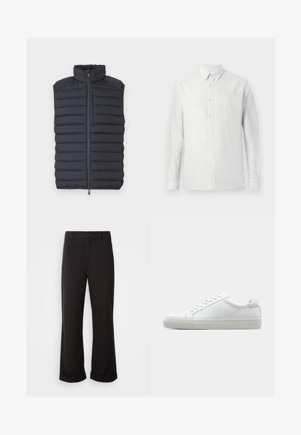 Dunkelgraue Steppweste mit hohem Kragen, horizontalem Steppmuster, Frontreißverschluss und einer kleinen Reißverschlusstasche auf der Brust.; Helles, langärmliges Hemd mit vertikalen Streifen, Button-Down-Kragen und einer Brusttasche. Der Stoff wirkt strukturiert mit einer weichen Oberfläche.; Schwarze Hosen mit geradem Schnitt, aus leichtem Stoff. Verfügt über einen klassischen Knopfverschluss und umgeschlagene Säume.; Weißer Sneaker mit glattem Lederobermaterial und niedrigem Profil. Verfügt über eine runde Zehenpartie, sechs Ösen und eine strukturierte Gummisohle.