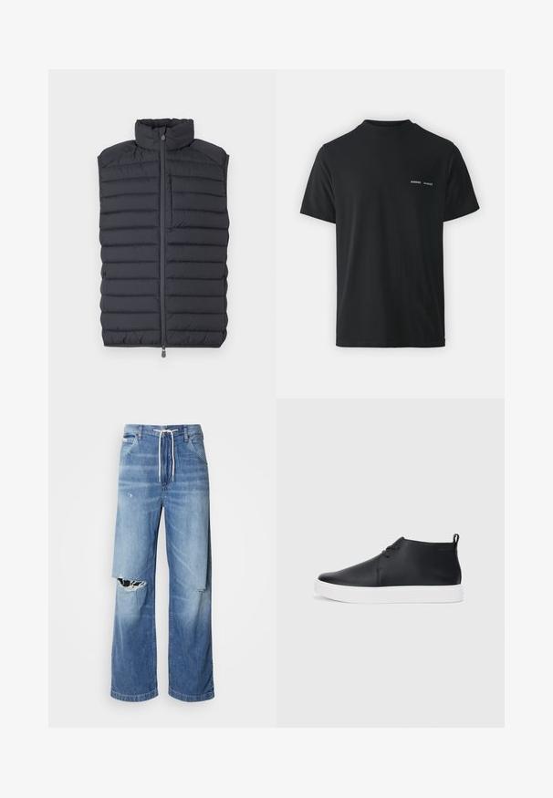 Tmavošedý prešívaný vest s vysokým golierom, horizontálnym prešívaným dizajnom, predným zipsom a malým zipsom na hrudníku.; Čierne bavlnené tričko s klasickým okrúhlym výstrihom, krátkymi rukávmi a dvoma malými bielymi logami "SAMSØE" na ľavej strane hrudníka.; Svetlomodré džíny s voľným strihom, so bielym šnúrkovým pásom a výraznými roztrhnutiami na prednej strane, ktoré odhaľujú rozstrapkané okraje.; Čierne kožené vysoké tenisky s hladkým povrchom, biela gumová podrážka a jednoduchý dizajn na šnurovanie. Obsahujú úchytku na zadnej strane.
