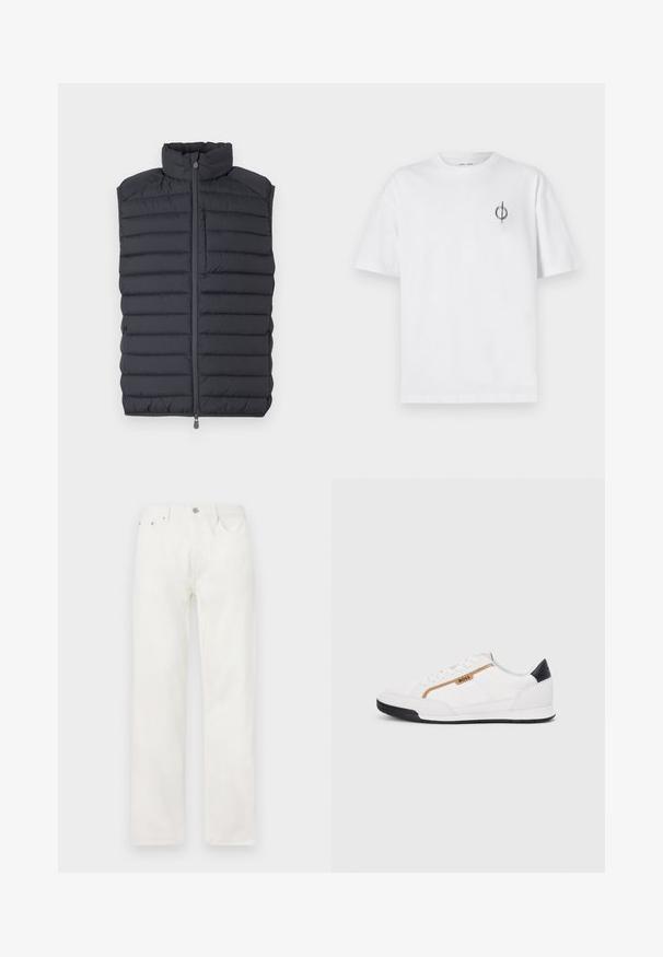 Tamno siva puf prsluk s visokim ovratnikom, horizontalnim kockastim dizajnom, prednjim zatvaračem i malim zatvorenim džepom na prsima.; Bijela pamučna majica s opuštenim krojem, s malim crnim grafičkim logotipom na lijevoj prečki. Kratki rukavi, okrugli izrez.; Bijele traperice s ravnim nogavicama, zatvaranjem na dugme i munju, dizajnom s pet džepova i bez vidljivih uzoraka ili naglaska.; Bijele atletske tenisice s mrežastim i kožnim detaljima. Imaju zlatni "BOSS" logo, teksturirane bočne panele i crnu kapicu na peti. Gumeni potplat.