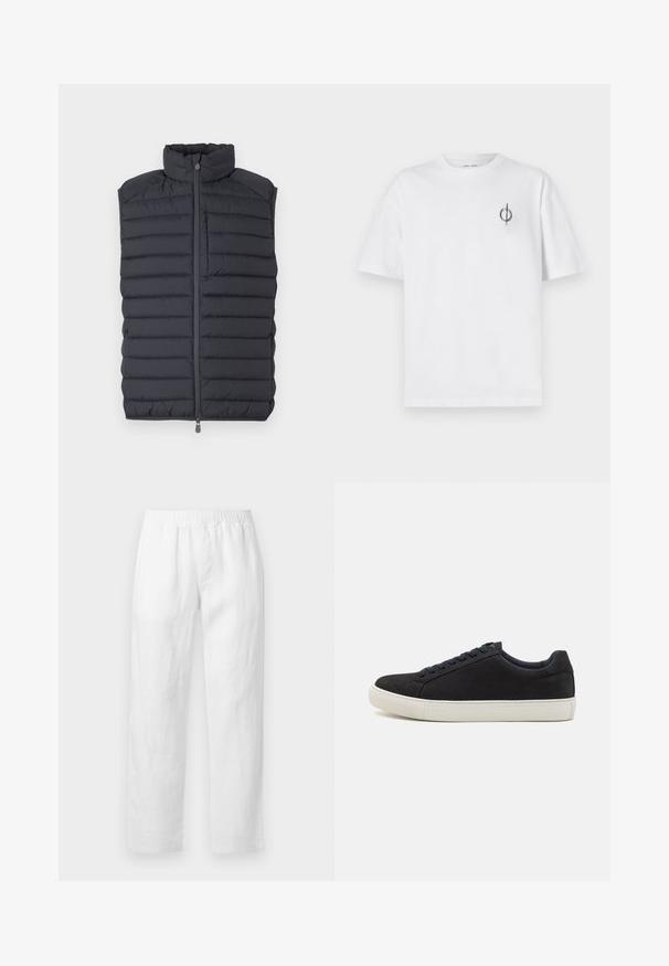 Σκούρο γκρι γιλέκο από πούπουλα με ψηλό γιακά, οριζόντια καπιτονέ σχέδια, μπροστινό φερμοάρ και μια μικρή τσέπη με φερμοάρ στο στήθος.; Λευκό βαμβακερό t-shirt με άνετη εφαρμογή, που διαθέτει ένα μικρό μαύρο γραφικό λογότυπο στην αριστερή πλευρά του στήθους. Βραχίονες κοντοί, στρογγυλή λαιμόκοψη.; Λευκό παντελόνι από λινό με ελαστική μέση, ίσια γραμμή και μαλακή υφή χωρίς ορατά σχέδια ή μεταλλικές λεπτομέρειες.; Μαύρο σουέτ αθλητικό παπούτσι με στρογγυλή μύτη, λευκή καουτσούκ σόλα, αντίθετα μπλε κορδόνια και ματ υφή. Μινιμαλιστικός σχεδιασμός χωρίς ορατό λογότυπο.