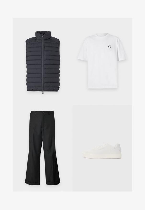 Mørkegrå puffervest med høj krave, vandret quiltet design, frontlynlås og en lille lynlåslomme på brystet.; Hvid bomulds t-shirt med en afslappet pasform, der har et lille sort grafisk logo på venstre brystområde. Korte ærmer, rund halsstil.; Sorte vide benbukser med knappet talje og opslåede ben, præsenteret mod en ensfarvet hvid baggrund.; Hvid sneaker med glat syntetisk overdel, rund tå og flad hvid sål. Har tonale syninger og minimal branding på siden.