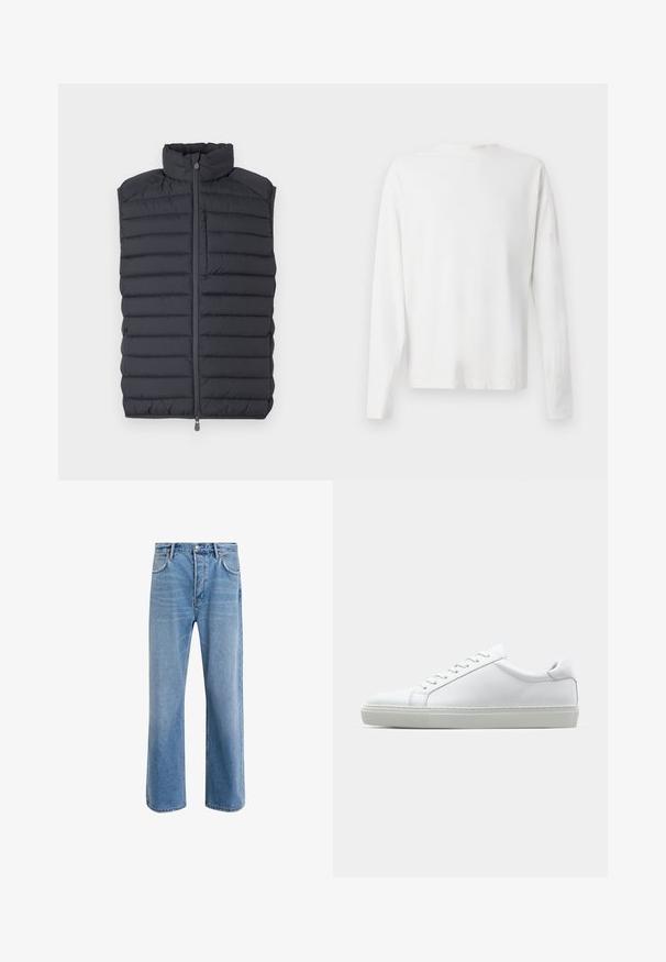 Tumma harmaa untuvapvesti, jossa on korkea kaulus, vaakasuuntainen tikkauskuvio, edessä vetoketju ja pieni vetoketjullinen tasku rintaosassa.; Pitkähihaisesta valkoisesta puuvillapaidasta, jossa on pyöreä pääntie, sivuhaalareita alaosassa ja sileä pinta, näkyy takaa.; Vaaleansiniset farkut suoranlahkeisella muotoilulla, viisi taskua, nappisuljenta, vähäinen kuluminen ja kontrastiväriset ompeluyksityiskohdat.; Valkoinen tennari, jossa on sileä nahkapäällinen ja matala profiili. Ominaisuuksiin kuuluu pyöreä kärki, kuusi rei'itystä ja teksturoitu kumipohja.