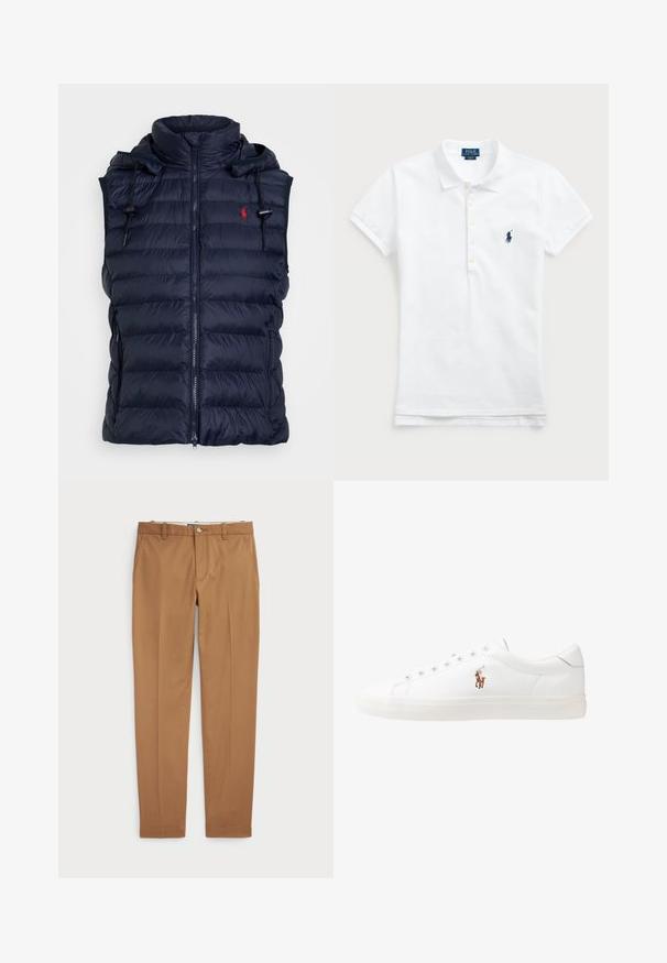 Colete acolchoado azul-marinho com gola alta, fecho de correr e capuz com cordão ajustável. Apresenta seções acolchoadas horizontais e bolsos laterais.; Camisa polo de algodão branca com um colarinho clássico, mangas curtas e um logótipo bordado em azul-marinho no lado esquerdo do peito. Placket com cinco botões.; Calças de algodão castanhas com um design slim-fit, frente lisa e bolsos standard; textura suave e bainhas com acabamento.; Sapatilhas de couro brancas, design de cano baixo, com textura suave, biqueira redonda, atacadores à frente e um pequeno logótipo bordado na lateral.