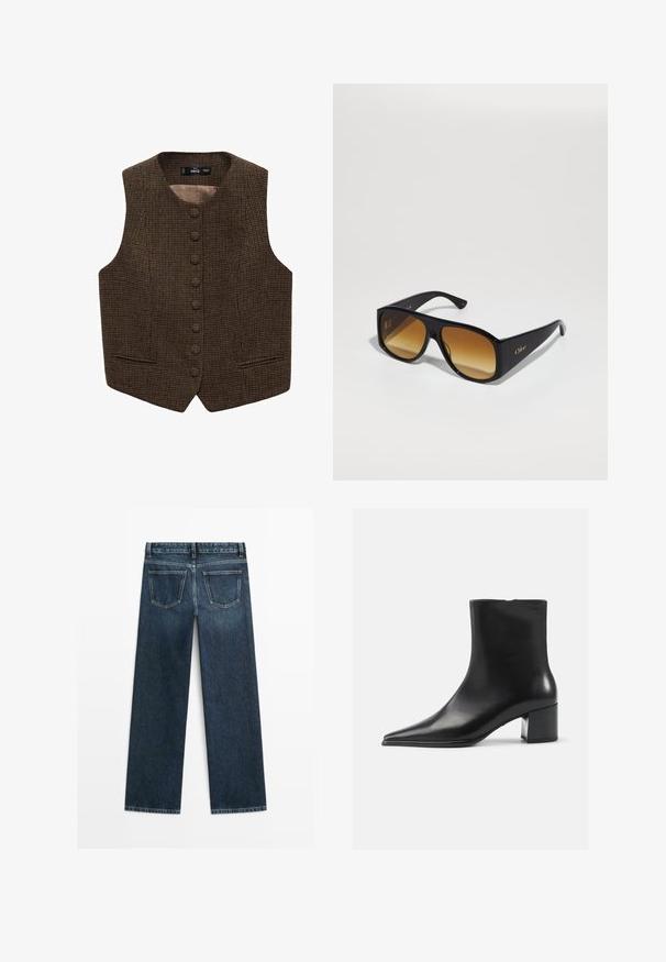 Hnědá vestu s kohoutím vzorem a vysokým límcem, s několika předními knoflíky a bočními kapsami. Hladká podšívka zvyšuje pohodlí.; Bílá košile na knoflíky s vertikálními světlými šedými pruhy, s rozloženým límcem, dlouhými rukávy a volným střihem. Vyrobena z lehké látky.; Tmavě modré džíny se rovný střih, přední dvě zadní kapsy a viditelné švy podél švů a okrajů.; Černá kožená kotníková bota s špičatou špičkou, hladkým povrchem a středním blokovým podpatkem. Minimalistický design, zapínání na zip na zadní straně.; Černé obdélníkové sluneční brýle s hnědými gradientními skly. Vyrobeny z plastu, mají hladký povrch a jemné zlaté logo na ramínku.