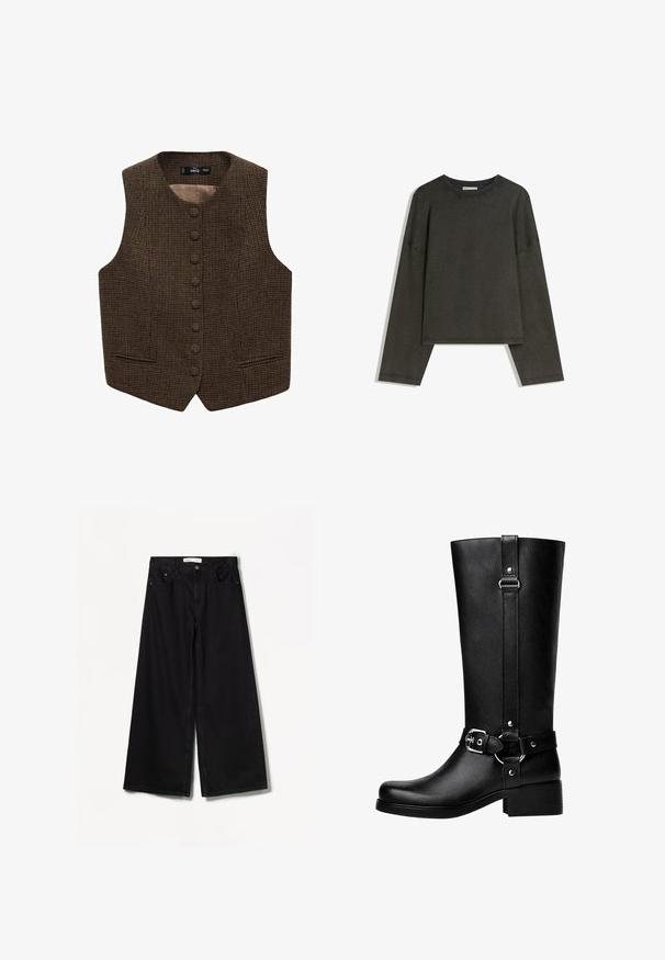 Brown houndstooth vest with a high neckline, multiple front buttons, and side pockets. Smooth inner lining enhances comfort.; Dark grey long-sleeve top made of cotton-blend fabric. Boxy shape with a round neckline and dropped shoulders, featuring visible stitching.; Bershka WIDE-LEG - Wide Leg - black; Tall black faux leather boots with a rounded toe, accent belt buckle detail, and a chunky heel. Smooth texture and vertical seam on the shaft.